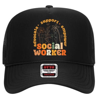 Retro Groovy Social Worker Flower Funny Social Work Month High Crown Mesh Back Trucker Hat