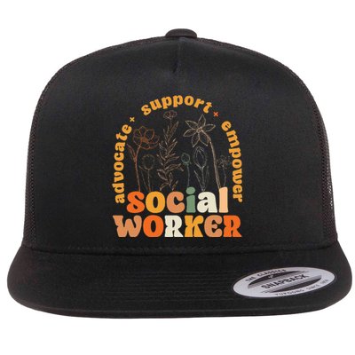 Retro Groovy Social Worker Flower Funny Social Work Month Flat Bill Trucker Hat