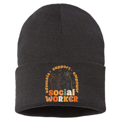 Retro Groovy Social Worker Flower Funny Social Work Month Sustainable Knit Beanie