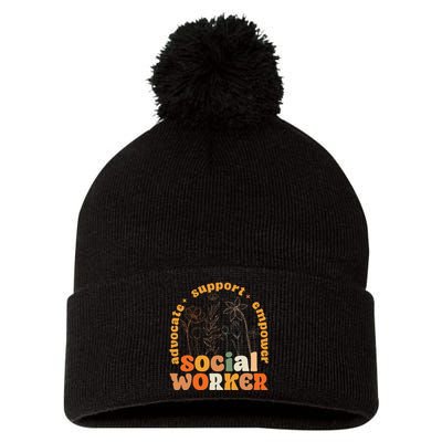 Retro Groovy Social Worker Flower Funny Social Work Month Pom Pom 12in Knit Beanie