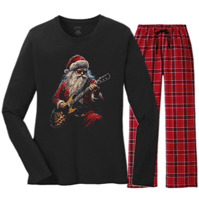 Rock Guitar Santa Claus Playing Guitar Funny Christmas Women's Long Sleeve Flannel Pajama Set 