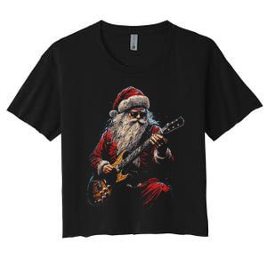 Rock Guitar Santa Claus Playing Guitar Funny Christmas Women's Crop Top Tee