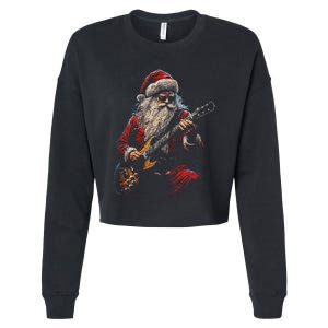 Rock Guitar Santa Claus Playing Guitar Funny Christmas Cropped Pullover Crew