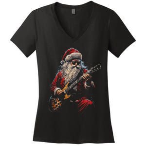 Rock Guitar Santa Claus Playing Guitar Funny Christmas Women's V-Neck T-Shirt