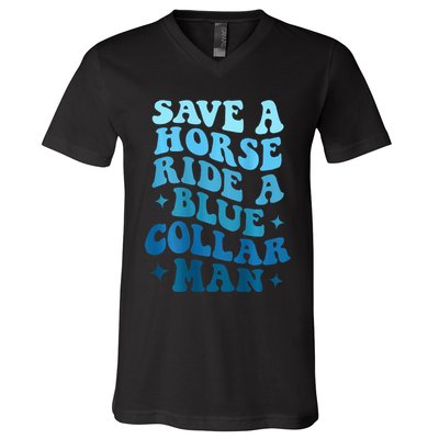 Retro Groovy Save A Horse Ride A Blue Collar Man V-Neck T-Shirt