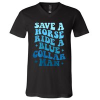 Retro Groovy Save A Horse Ride A Blue Collar Man V-Neck T-Shirt