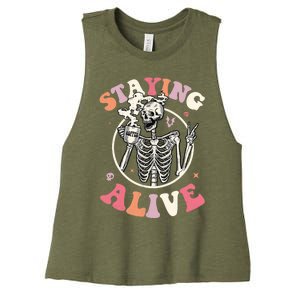 Retro Groovy Skeleton Staying Alive Coffee Halloween Hippie Women's Racerback Cropped Tank