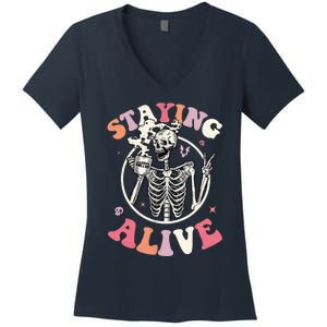 Retro Groovy Skeleton Staying Alive Coffee Halloween Hippie Women's V-Neck T-Shirt