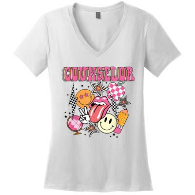 Retro Groovy School Counselor Appreciation Back To School Women's V-Neck T-Shirt