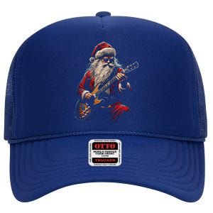 Rock Guitar Santa Claus Playing Guitar Funny Christmas Gift High Crown Mesh Back Trucker Hat