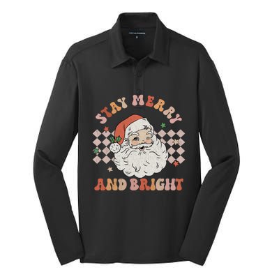 Retro Groovy Stay Merry And Bright Santa Claus Christmas Silk Touch Performance Long Sleeve Polo