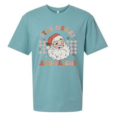 Retro Groovy Stay Merry And Bright Santa Claus Christmas Sueded Cloud Jersey T-Shirt