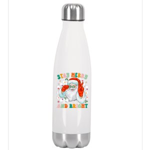 Retro Groovy Stay Merry And Bright Santa Claus Holiday Stainless Steel Insulated Water Bottle