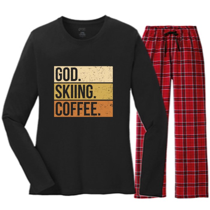 Retro God Skiing Coffee Gift For Skiers Women's Long Sleeve Flannel Pajama Set 