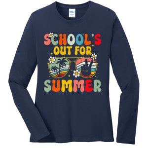 Retro Groovy SchoolS Out For Summer Graduation Teacher Ladies Long Sleeve Shirt