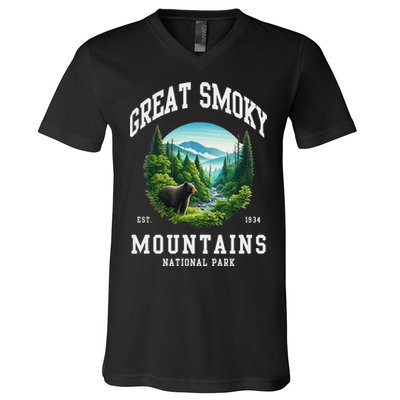 Retro Great Smoky Mountains National Park Women Hiking V-Neck T-Shirt