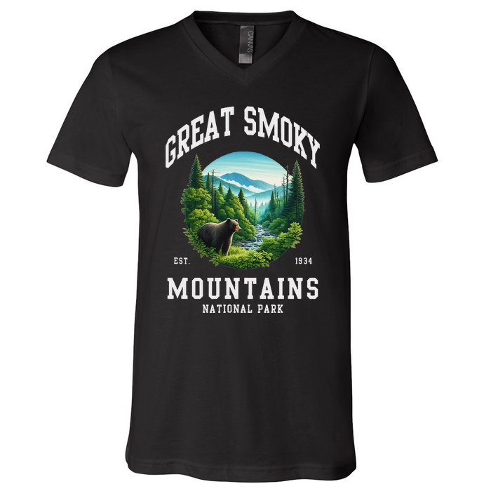 Retro Great Smoky Mountains National Park Women Hiking V-Neck T-Shirt