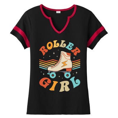 Roller Girl Skater Skating Retro Vintage 70s 80s Skates Ladies Halftime Notch Neck Tee