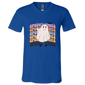 Retro Groovy Spooky Vibes Boo Ghost Halloween Costume Cool Gift V-Neck T-Shirt