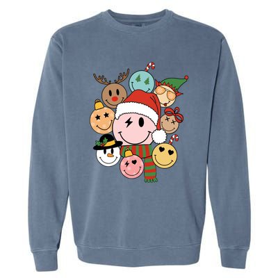 Retro Groovy Santa Smile Face Elf Snow Christmas Trendy Gift Garment-Dyed Sweatshirt