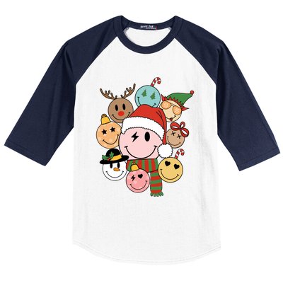 Retro Groovy Santa Smile Face Elf Snow Christmas Trendy Gift Baseball Sleeve Shirt