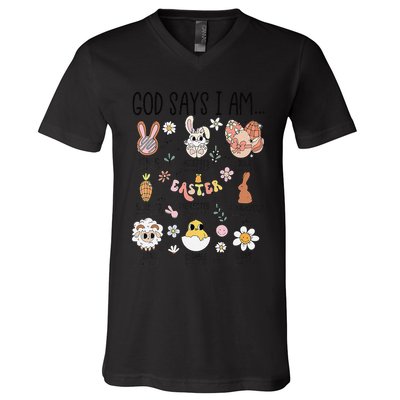 Retro God Says I Am Christian Jesus Happy Easter Day Bunny V-Neck T-Shirt