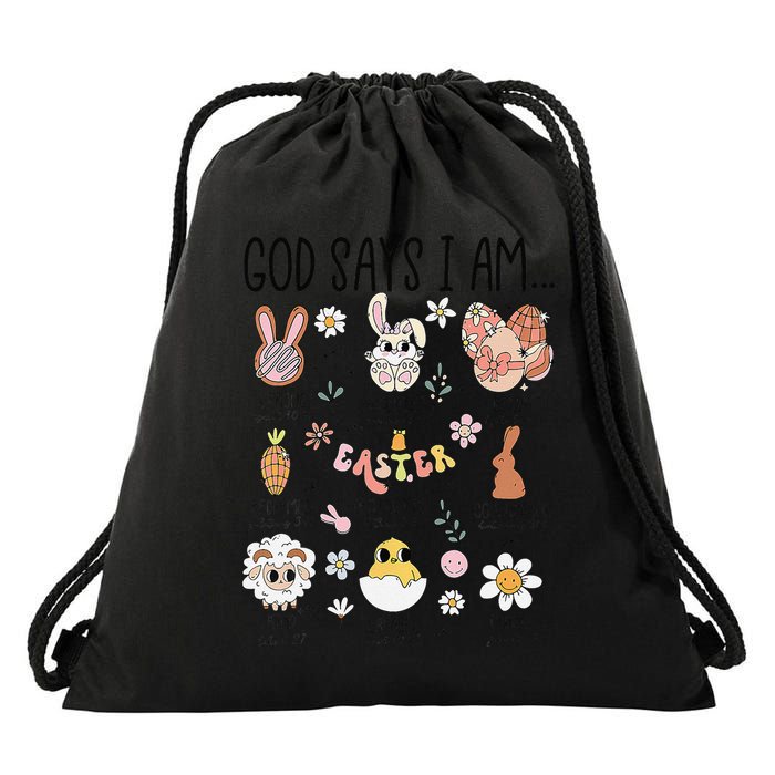 Retro God Says I Am Christian Jesus Happy Easter Day Bunny Drawstring Bag