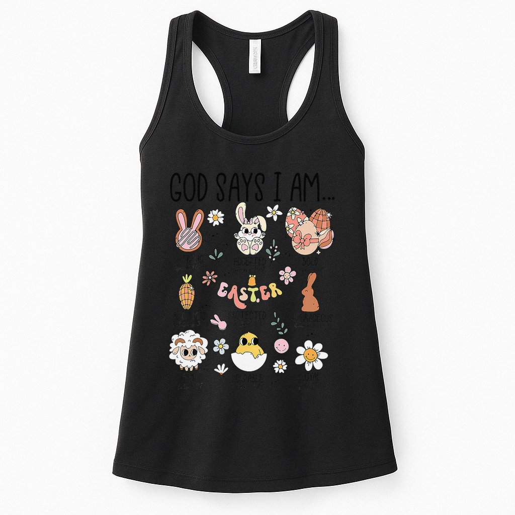 Retro God Says I Am Christian Jesus Happy Easter Day Bunny Womens Tank Top