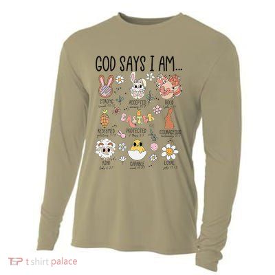 Retro God Says I Am Christian Jesus Happy Easter Day Bunny Cooling Performance Long Sleeve Crew