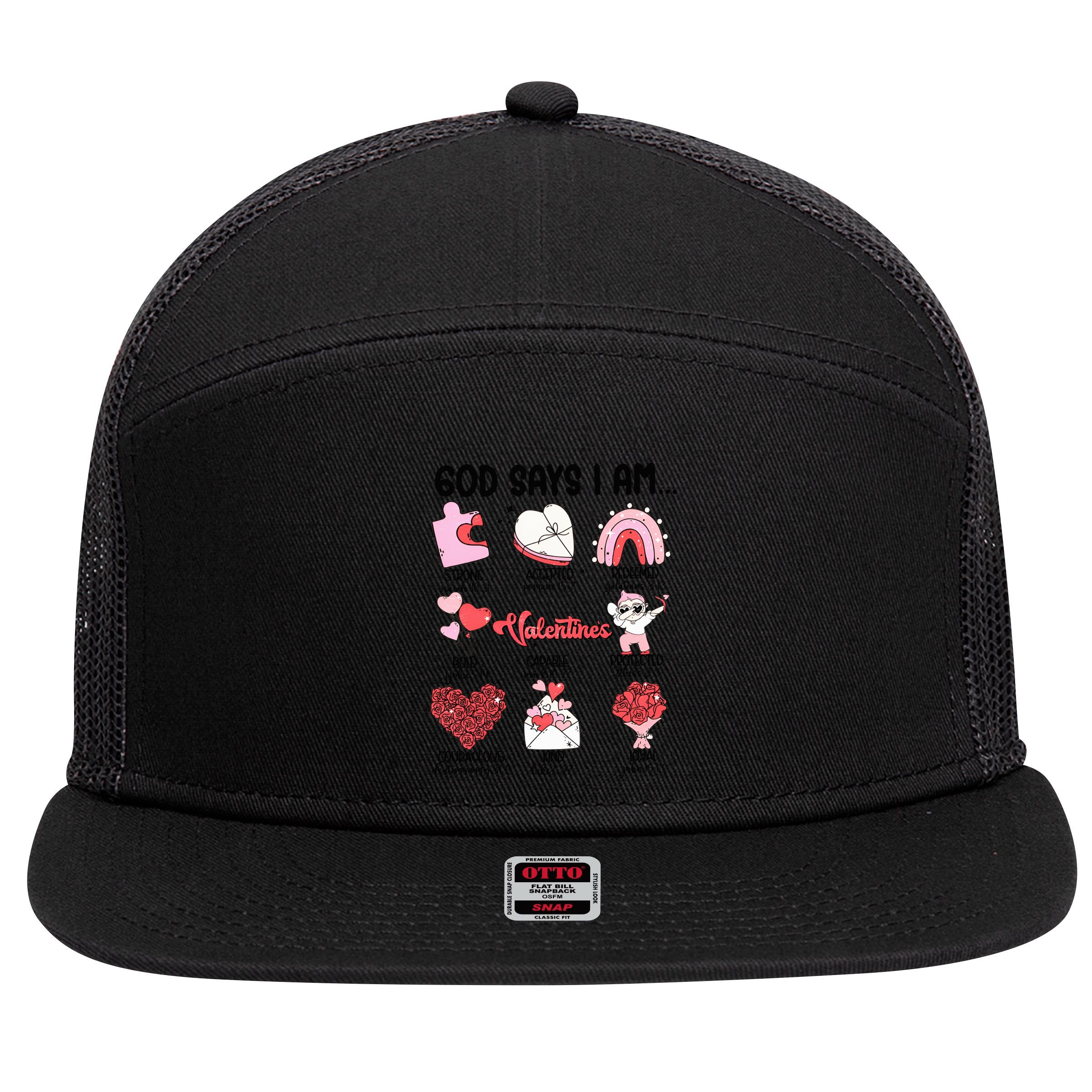 Retro God Says I Am Christian Valentines Day Self Love Gift 7 Panel Mesh Trucker Snapback Hat