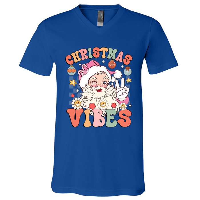 Retro Groovy Santa Claus Christmas Vibes Gift V-Neck T-Shirt