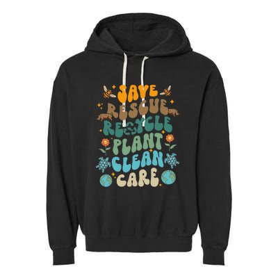 Retro Groovy Save Bees Rescue Animals Recycle Fun Earth Day Garment-Dyed Fleece Hoodie