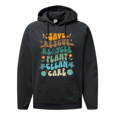 Retro Groovy Save Bees Rescue Animals Recycle Fun Earth Day Performance Fleece Hoodie