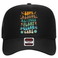 Retro Groovy Save Bees Rescue Animals Recycle Fun Earth Day High Crown Mesh Back Trucker Hat