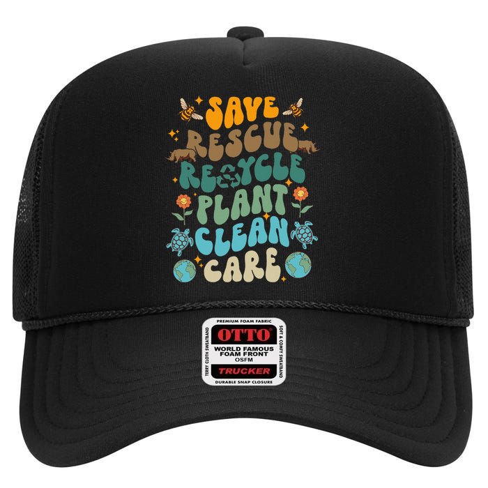 Retro Groovy Save Bees Rescue Animals Recycle Fun Earth Day High Crown Mesh Back Trucker Hat