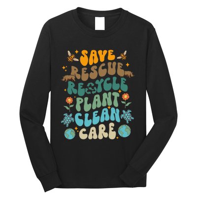 Retro Groovy Save Bees Rescue Animals Recycle Fun Earth Day Long Sleeve Shirt