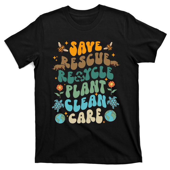 Retro Groovy Save Bees Rescue Animals Recycle Fun Earth Day T-Shirt