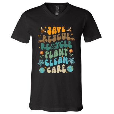 Retro Groovy Save Bees Rescue Animals Recycle Fun Earth Day V-Neck T-Shirt