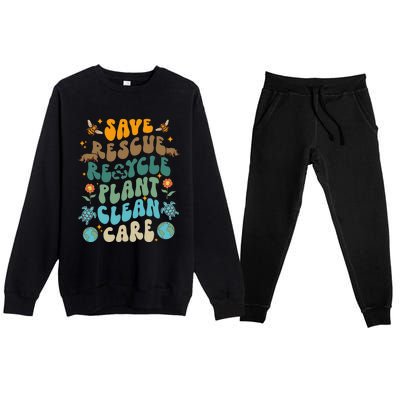 Retro Groovy Save Bees Rescue Animals Recycle Fun Earth Day Premium Crewneck Sweatsuit Set