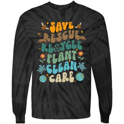 Retro Groovy Save Bees Rescue Animals Recycle Fun Earth Day Tie-Dye Long Sleeve Shirt