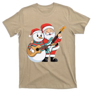 Rock Guitar Snowman And Santa Claus Playing Guitar Christmas T-Shirt