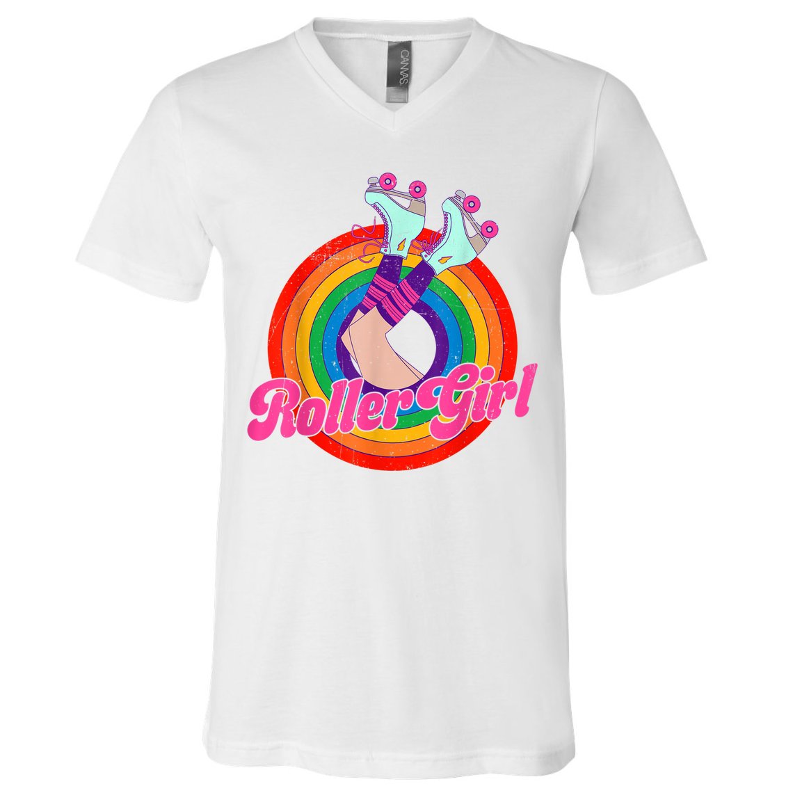 Roller Girl Skater Skating Retro Vintage 70s 80s Skates V-Neck T-Shirt