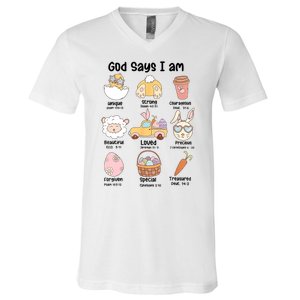 Retro God Says I Am Christian Jesus Happy Easter Day Bunny V-Neck T-Shirt