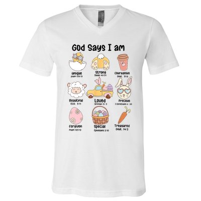Retro God Says I Am Christian Jesus Happy Easter Day Bunny V-Neck T-Shirt
