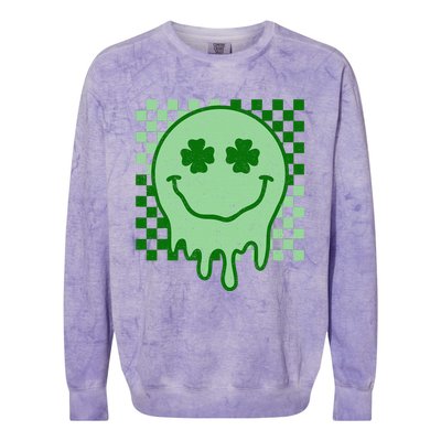 Retro Groovy St Patricks Day Hippie Smile Face Shamrock Colorblast Crewneck Sweatshirt