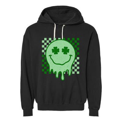 Retro Groovy St Patricks Day Hippie Smile Face Shamrock Garment-Dyed Fleece Hoodie