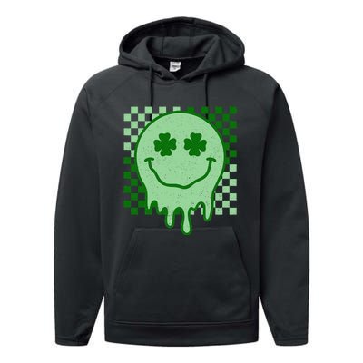 Retro Groovy St Patricks Day Hippie Smile Face Shamrock Performance Fleece Hoodie