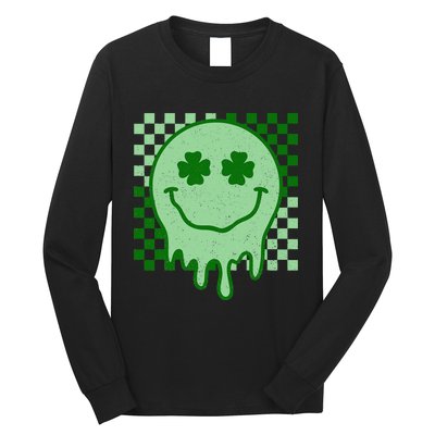 Retro Groovy St Patricks Day Hippie Smile Face Shamrock Long Sleeve Shirt