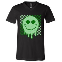 Retro Groovy St Patricks Day Hippie Smile Face Shamrock V-Neck T-Shirt