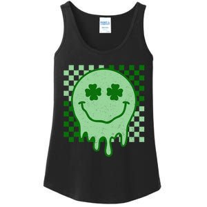 Retro Groovy St Patricks Day Hippie Smile Face Shamrock Ladies Essential Tank